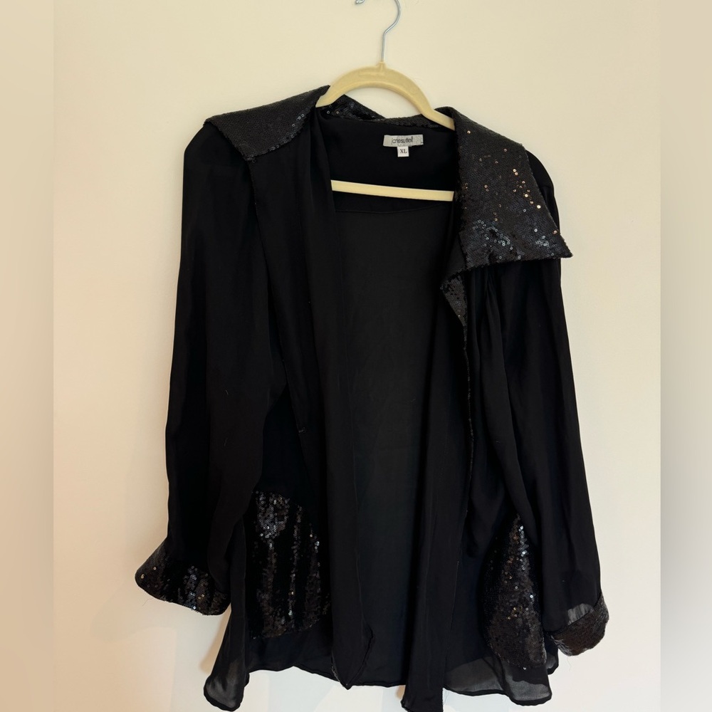 Vintage Jane Suttell black long sleeve sparkle top size XL silk